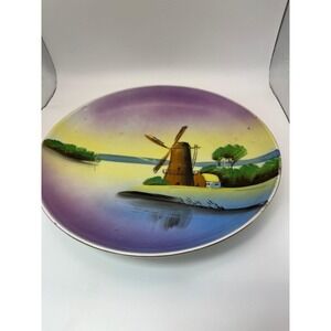 Vintage 1920s Japanese Porcelain Windmill Plate Hand Painted Sunset Scene 7.5"